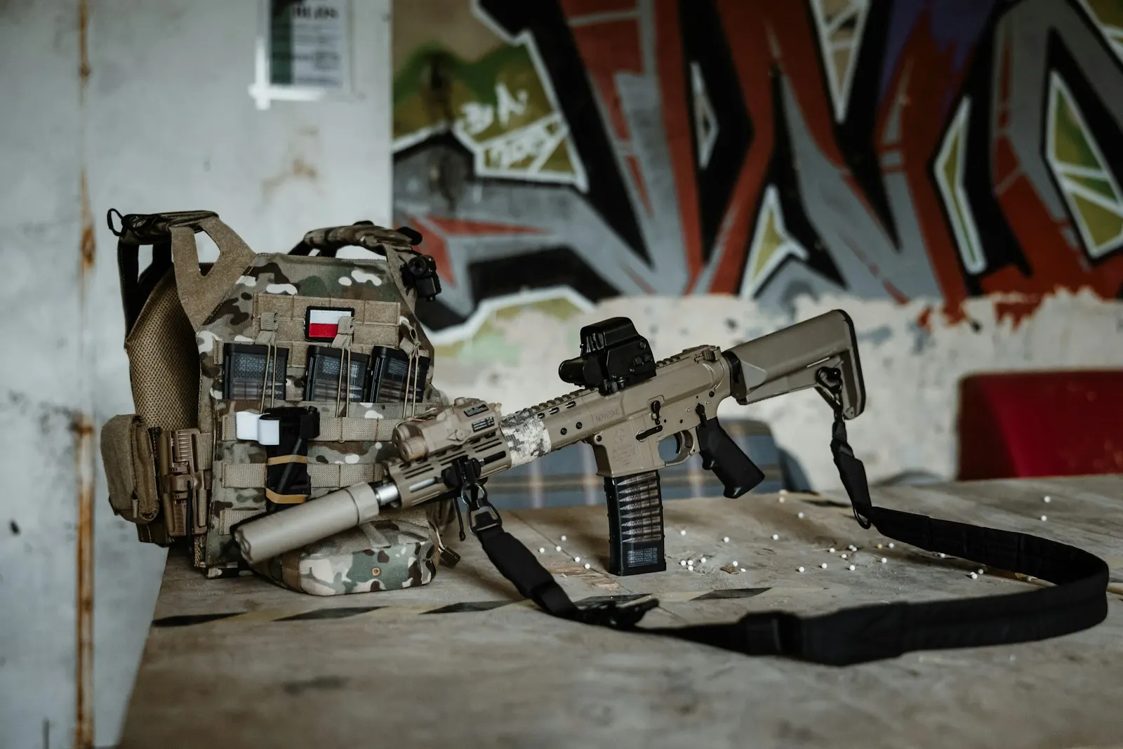 Réplique d'airsoft couleur sable et gilet tactique posés sur une table dans un bâtiment aux murs graffés