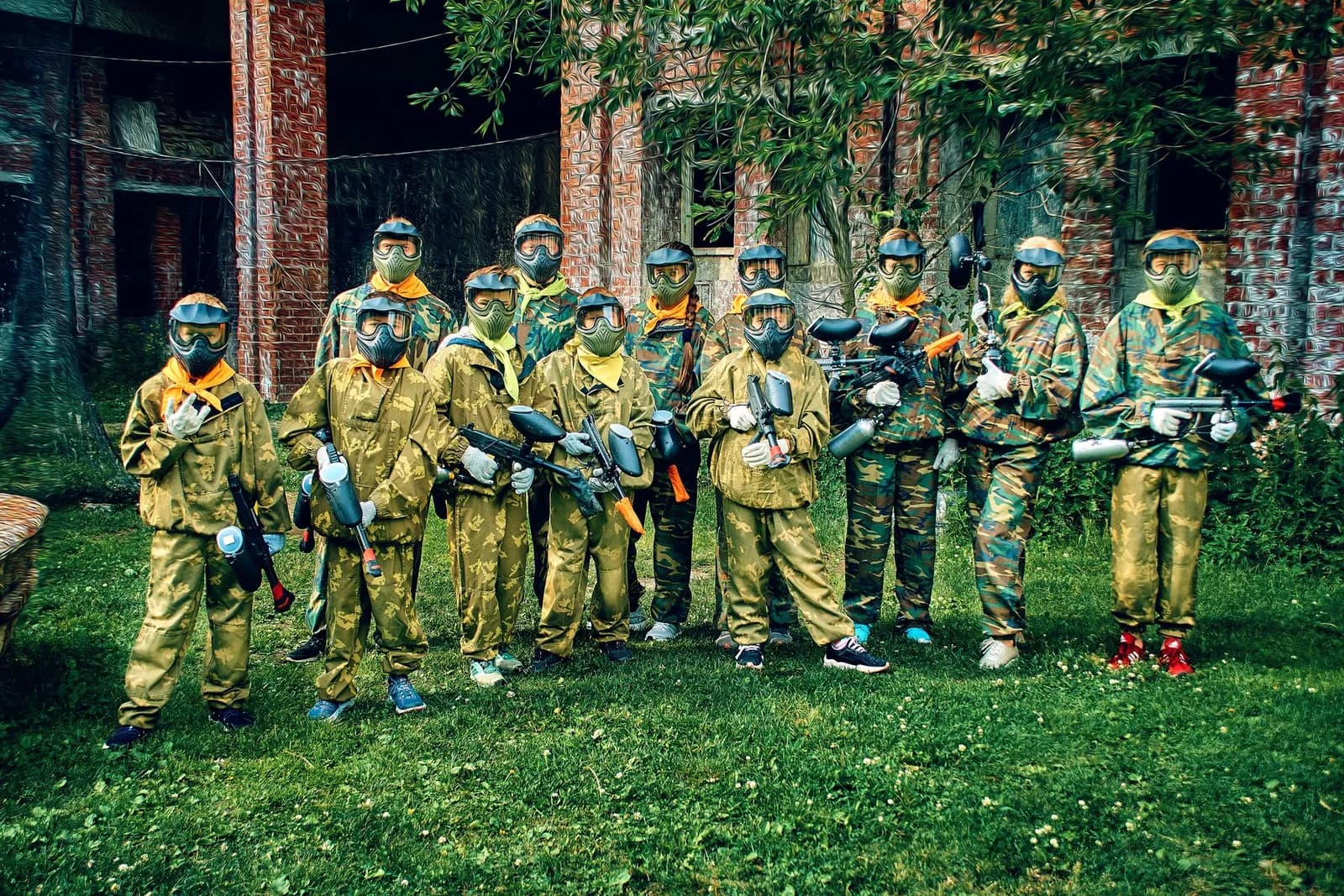 Grand groupe de joueurs de paintball en combinaisons camouflage posant devant un bâtiment en briques