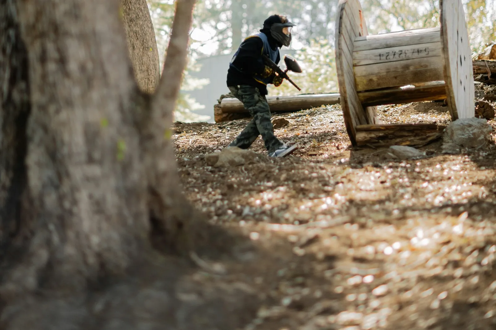 Joueur de paintball avançant entre un arbre et un touret en bois sur un terrain boisé